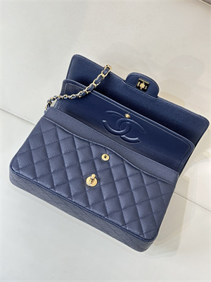 Ch*el medium classic flap bag grained calfskin gold tone metal navy 01112 top
