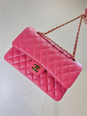 Ch*el medium classic flap bag grained calfskin gold tone metal peach red 01112 top