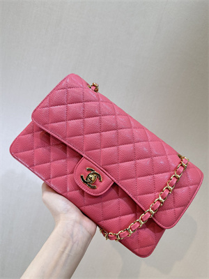 Ch*el medium classic flap bag grained calfskin gold tone metal peach red 01112 top