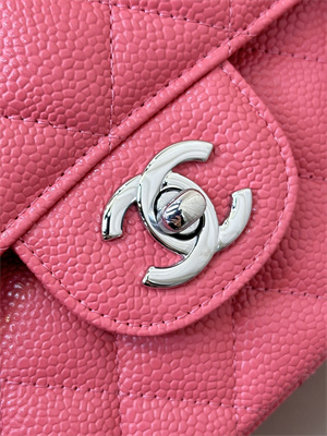 Ch*el medium classic flap bag grained calfskin silver tone metal peach red 01112 top