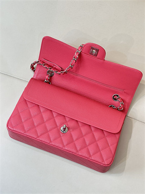Ch*el medium classic flap bag grained calfskin silver tone metal peach red 01112 top