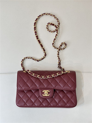Ch*el small classic flap bag grained calfskin gold tone metal burgundy 01117 top
