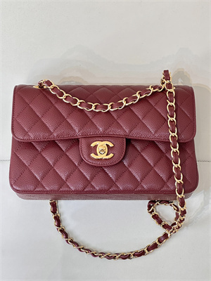 Ch*el small classic flap bag grained calfskin gold tone metal burgundy 01117 top