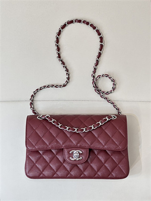 Ch*el small classic flap bag grained calfskin silver tone metal burgundy 01117 top
