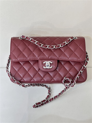 Ch*el small classic flap bag grained calfskin silver tone metal burgundy 01117 top