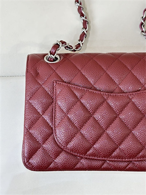 Ch*el small classic flap bag grained calfskin silver tone metal burgundy 01117 top