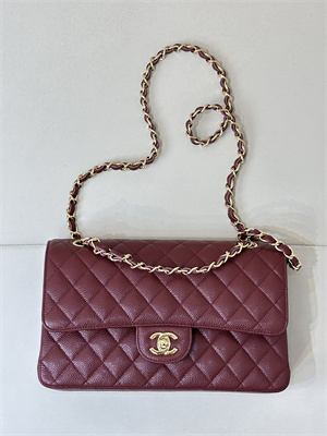 Ch*el medium classic flap bag grained calfskin gold tone metal burgundy 01112 top