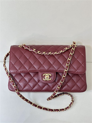 Ch*el medium classic flap bag grained calfskin gold tone metal burgundy 01112 top