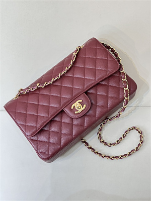 Ch*el medium classic flap bag grained calfskin gold tone metal burgundy 01112 top