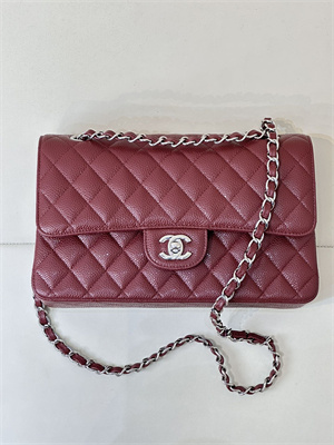 Ch*el medium classic flap bag grained calfskin silver tone metal burgundy 01112 top