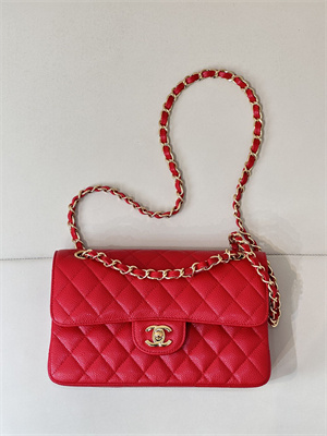 Ch*el small classic flap bag grained calfskin gold tone metal red 01117 top