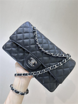 Ch*el medium classic flap bag grained calfskin silver tone metal black 01112 top