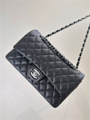 Ch*el medium classic flap bag grained calfskin silver tone metal black 01112 top