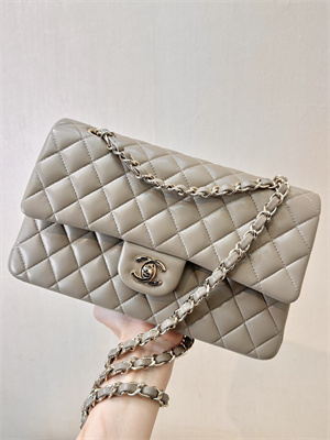 Ch*el medium classic flap bag lambskin gold tone metal cream grey 01112 top