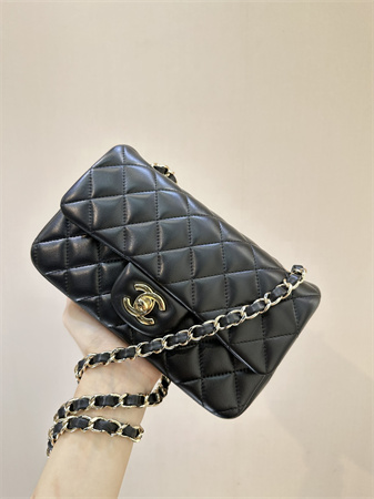 Ch*el mini classic flap bag lambskin gold tone metal black color 01116 top