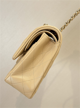 Ch*el medium classic flap bag grained calfskin gold tone metal beige 01112 top