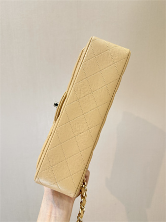 Ch*el medium classic flap bag grained calfskin gold tone metal beige 01112 top