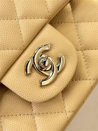 Ch*el medium classic flap bag grained calfskin gold tone metal beige 01112 top