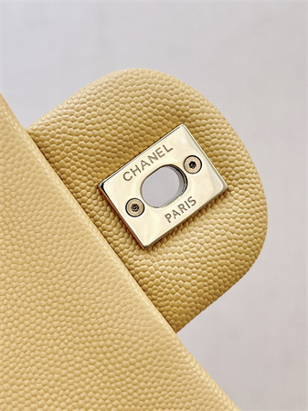 Ch*el medium classic flap bag grained calfskin gold tone metal beige 01112 top