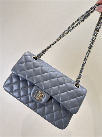 Ch*el small classic flap bag lambskin gold tone metal dk grey 01117 top