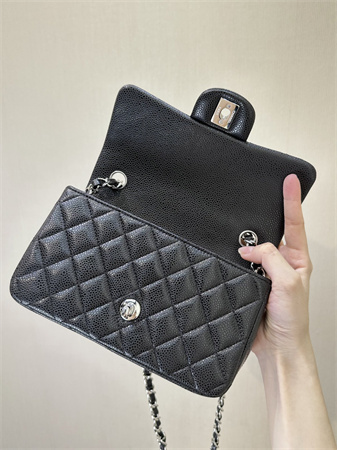 Ch*el mini classic flap bag grained calfskin silver tone metal black color 01116 top