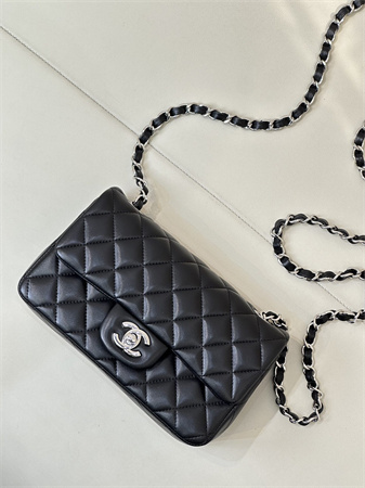 Ch*el mini classic flap bag lambskin silver tone metal black color 01116 top