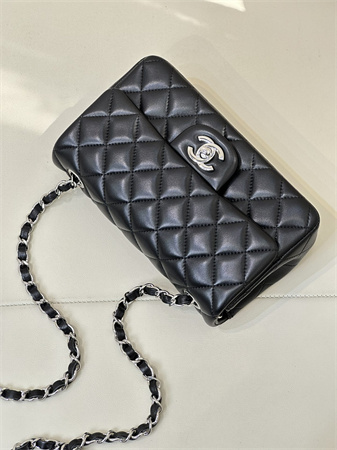 Ch*el mini classic flap bag lambskin silver tone metal black color 01116 top