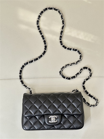 Ch*el mini classic flap bag lambskin silver tone metal black color 01116 top