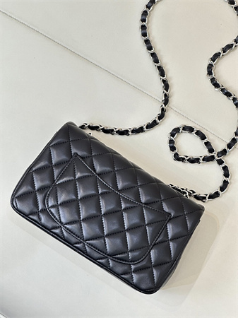 Ch*el mini classic flap bag lambskin silver tone metal black color 01116 top