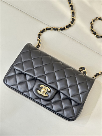 Ch*el mini classic flap bag lambskin gold tone metal black color 01116 top