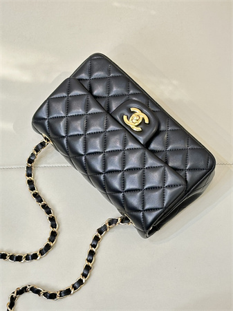 Ch*el mini classic flap bag lambskin gold tone metal black color 01116 top