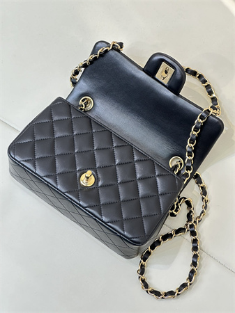 Ch*el mini classic flap bag lambskin gold tone metal black color 01116 top