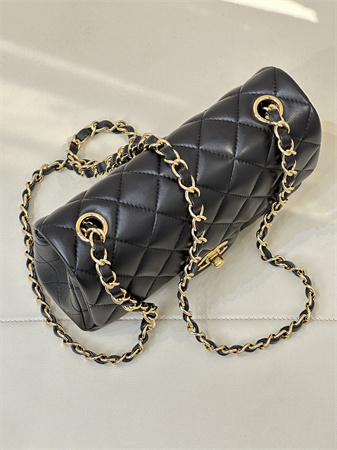 Ch*el mini classic flap bag lambskin gold tone metal black color 01116 top