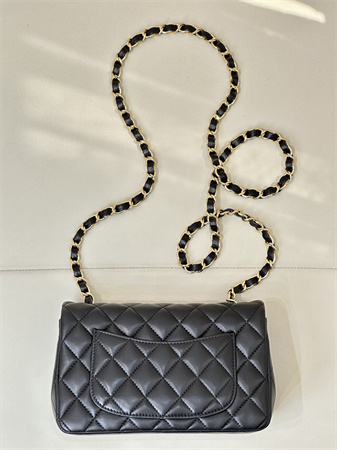 Ch*el mini classic flap bag lambskin gold tone metal black color 01116 top