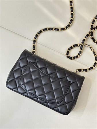 Ch*el mini classic flap bag lambskin gold tone metal black color 01116 top