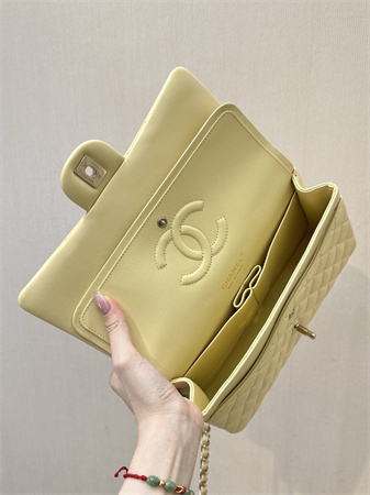 Ch*el medium classic flap bag lambskin gold tone metal yellow 01112 top