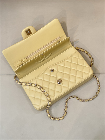 Ch*el medium classic flap bag lambskin gold tone metal yellow 01112 top