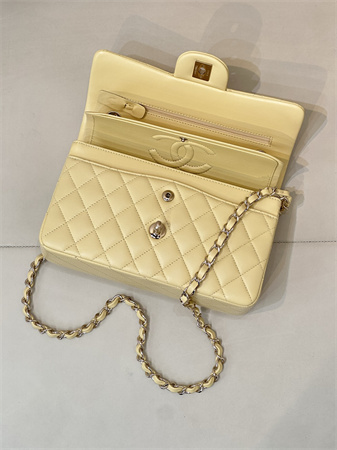 Ch*el small classic flap bag lambskin gold tone metal yellow 01117 top