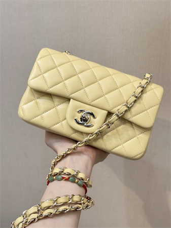 Ch*el mini classic flap bag lambskin gold tone metal yellow color 01116 top