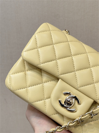 Ch*el mini classic flap bag lambskin gold tone metal yellow color 01116 top