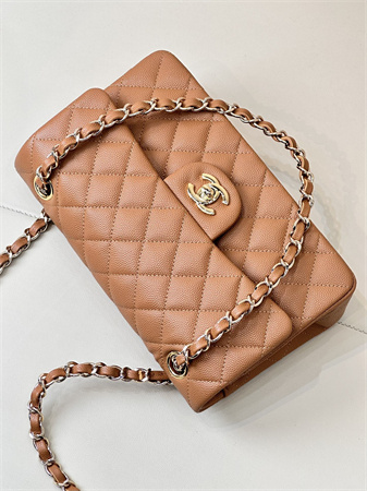 Ch*el small classic flap bag grained calfskin gold tone metal caramel 01117 top
