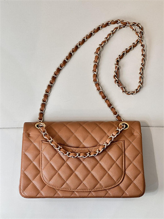 Ch*el small classic flap bag grained calfskin gold tone metal caramel 01117 top