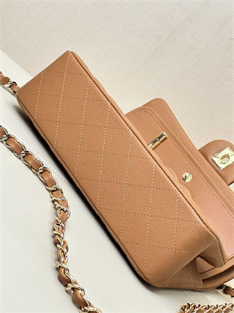 Ch*el small classic flap bag grained calfskin gold tone metal caramel 01117 top