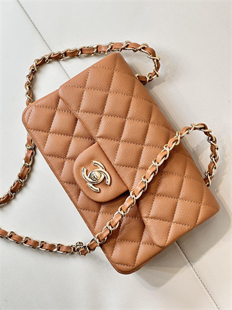 Ch*el mini classic flap bag grained calfskin gold tone metal caramel color 01116 top