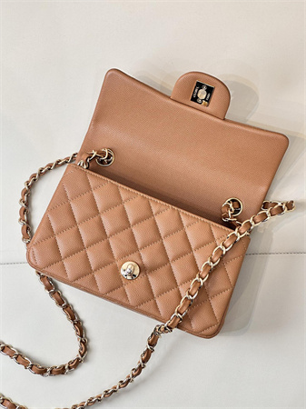 Ch*el mini classic flap bag grained calfskin gold tone metal caramel color 01116 top