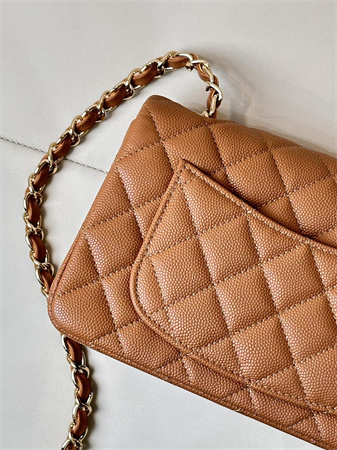 Ch*el mini classic flap bag grained calfskin gold tone metal caramel color 01116 top