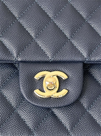 Ch*el medium classic flap bag grained calfskin gold tone metal navy 01112 top