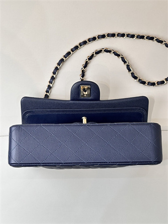 Ch*el medium classic flap bag grained calfskin gold tone metal navy 01112 top