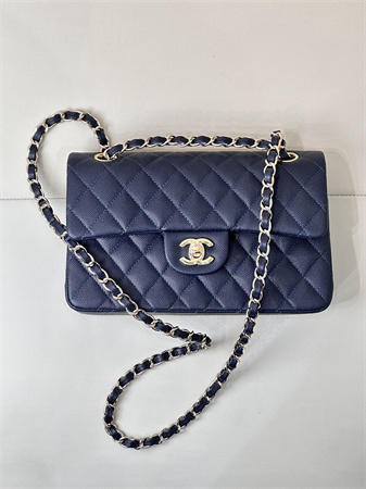 Ch*el small classic flap bag grained calfskin gold tone metal navy 01117 top
