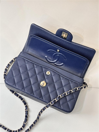 Ch*el small classic flap bag grained calfskin gold tone metal navy 01117 top